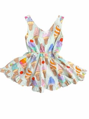 Toddler girl Ice Cream Print One-Piece dress with diaper cover mint color
